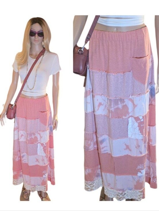 Multiple Threads Dresses & Skirts - Multiple Threads Upcycled Boho Patchwork Maxi Skirt Pink Lace Rare find
